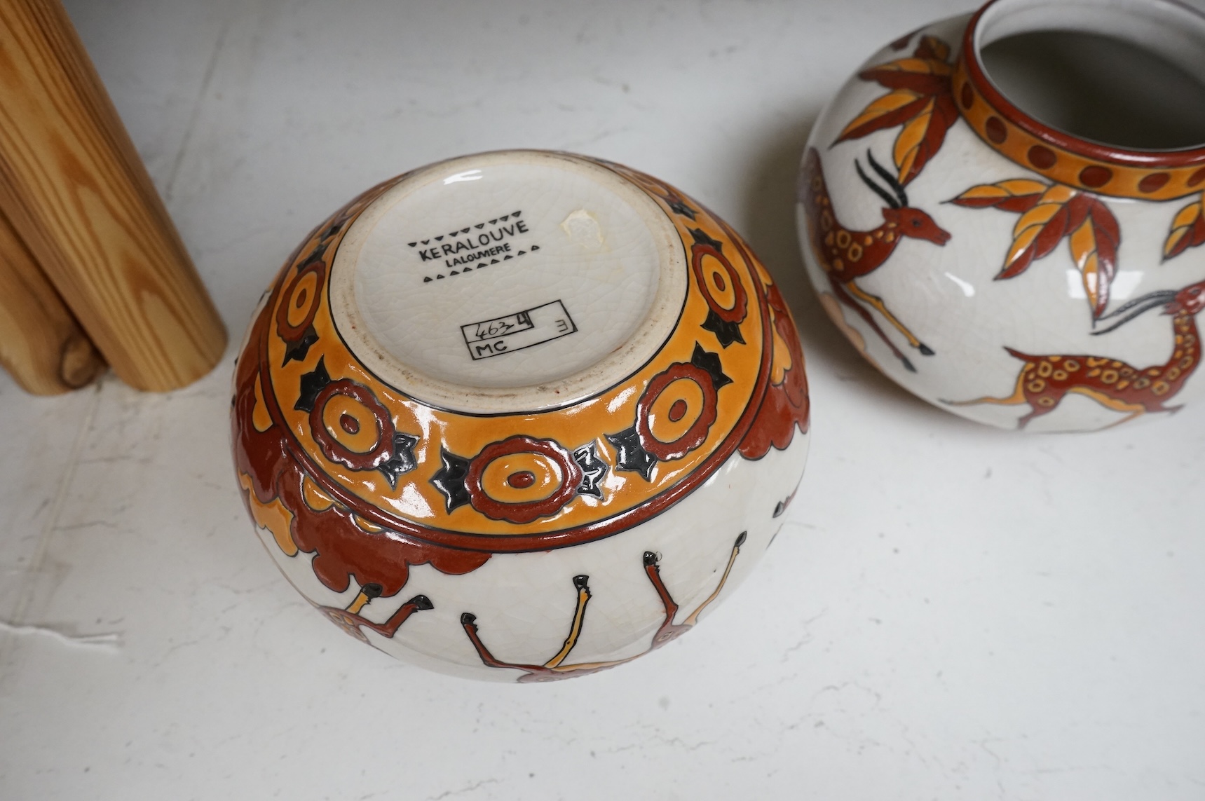 A pair of contemporary Boch Keramis pottery 'leaping deer' vases
